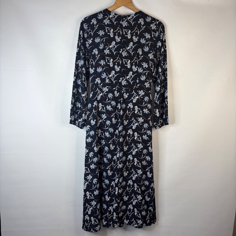 Ann Taylor Midi Dress Women 8 Navy Blue Floral Long Sleeve V-Neck Tie Waist - Picture 9 of 9